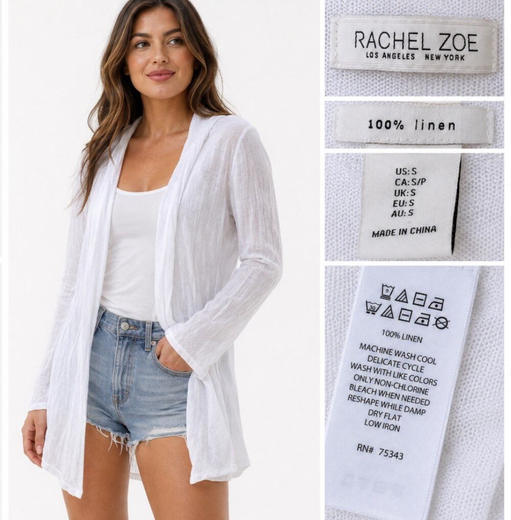 Coastal Beachy Breathable Rachel Zoe Linen Open Front Cardigan Size Small White